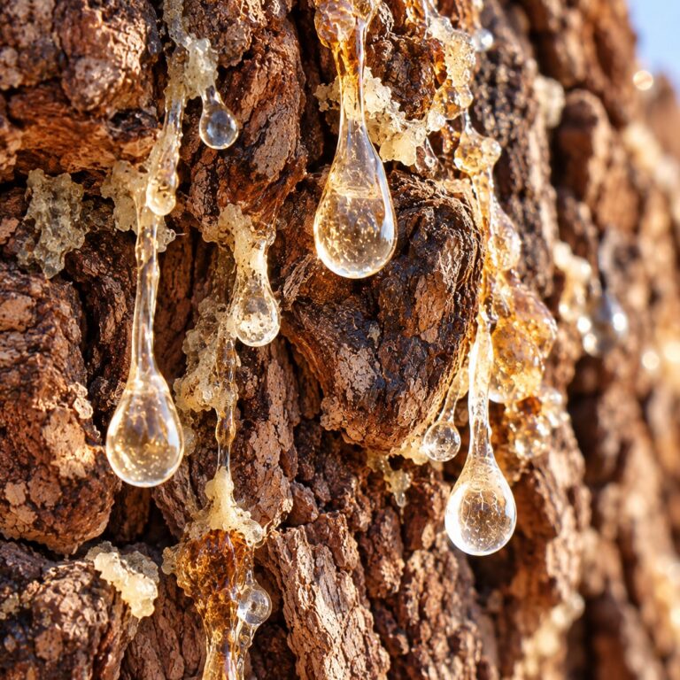 Mastic gum resin forming on the bark of the Pistacia lentiscus tree
